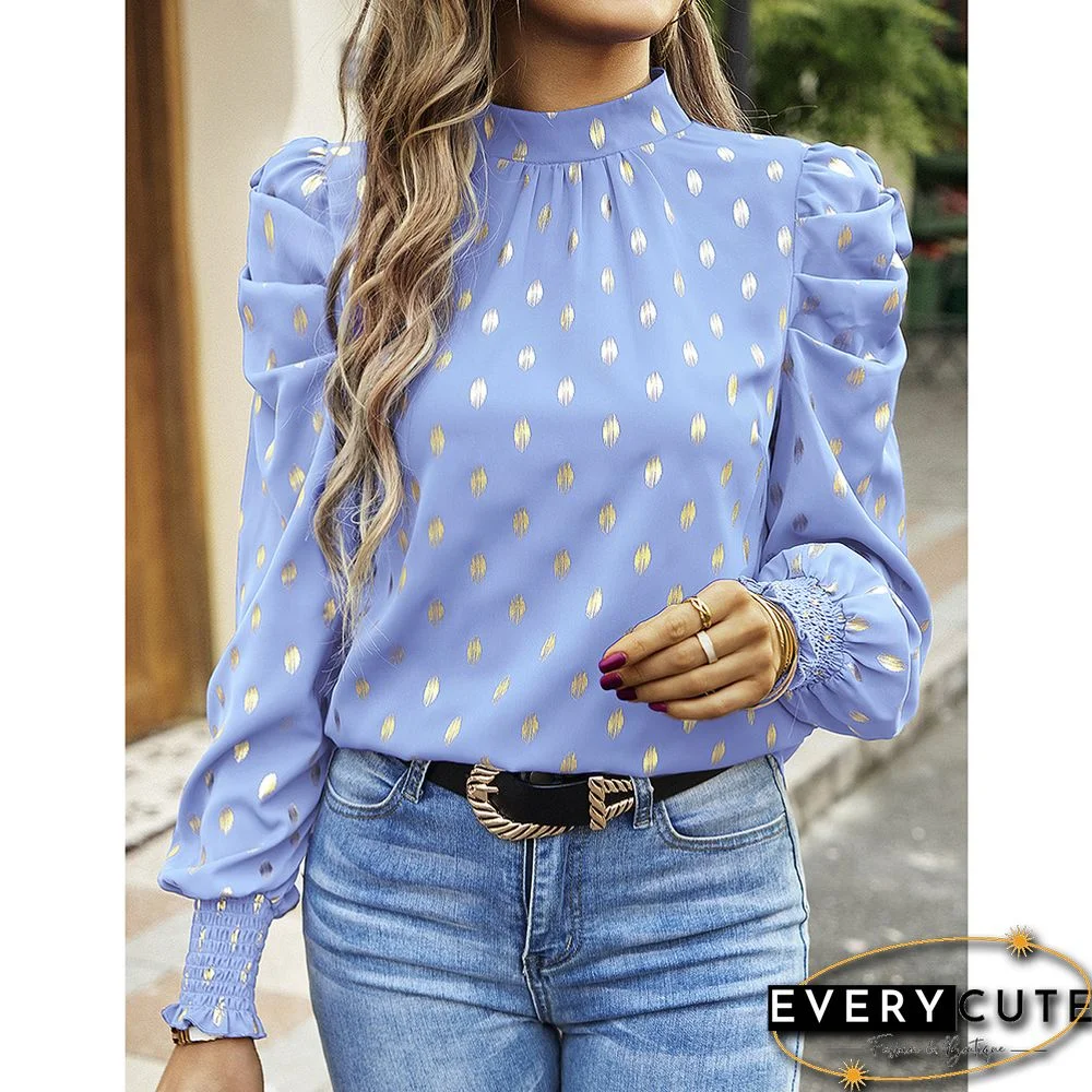 Light Blue Polka Dot Pleated Cuffs Long Sleeve Tops