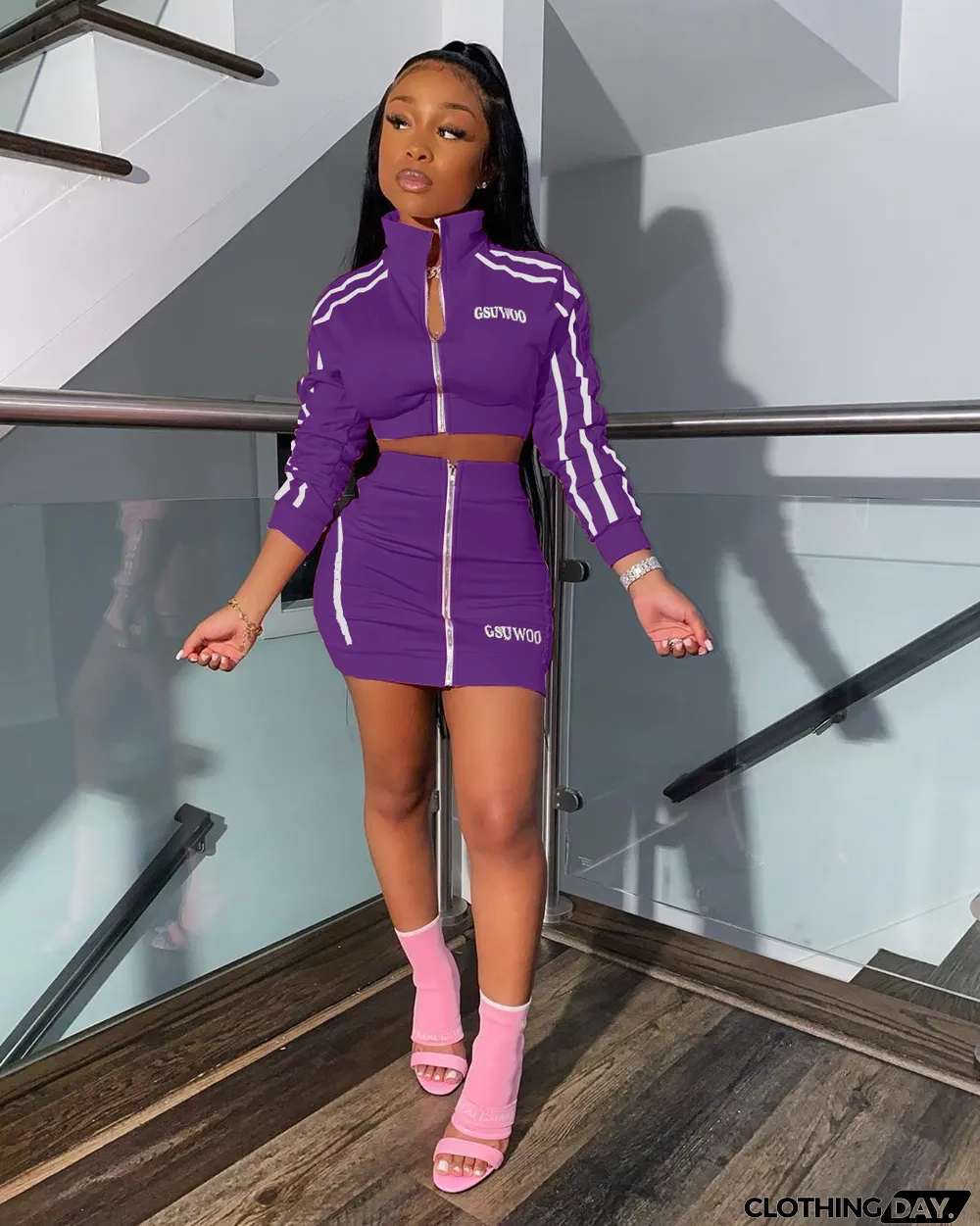 Fashion Letter Embroidery Zipper Skirt Suit