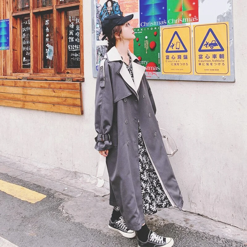 Brand New Fashion Double-Breasted Long Women Trench Coat Grey with Belt Spring Autumn Fall Outerwear Lady Duster Coat for Female