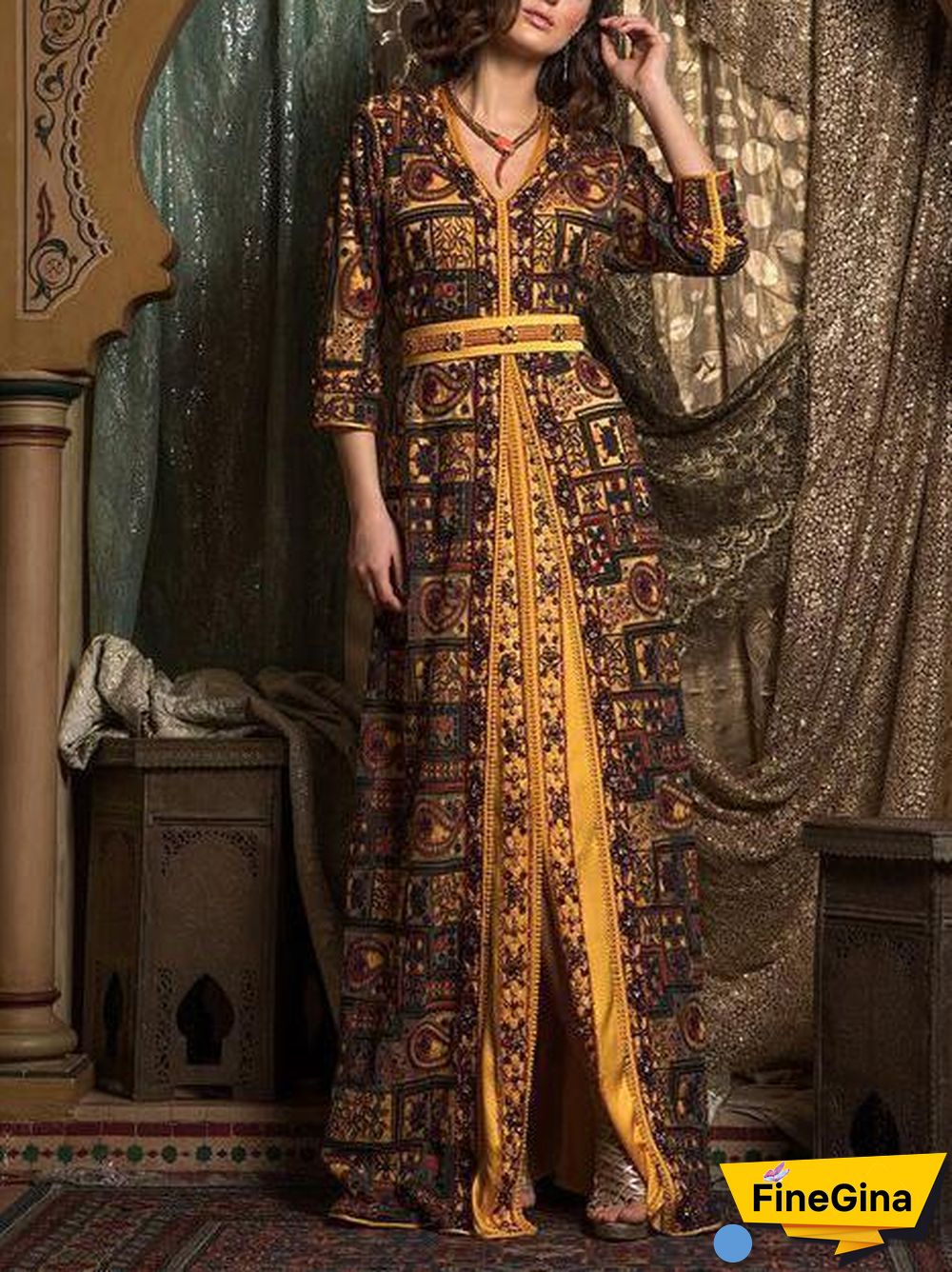 Moroccan Style Women V-Neck Split Dress