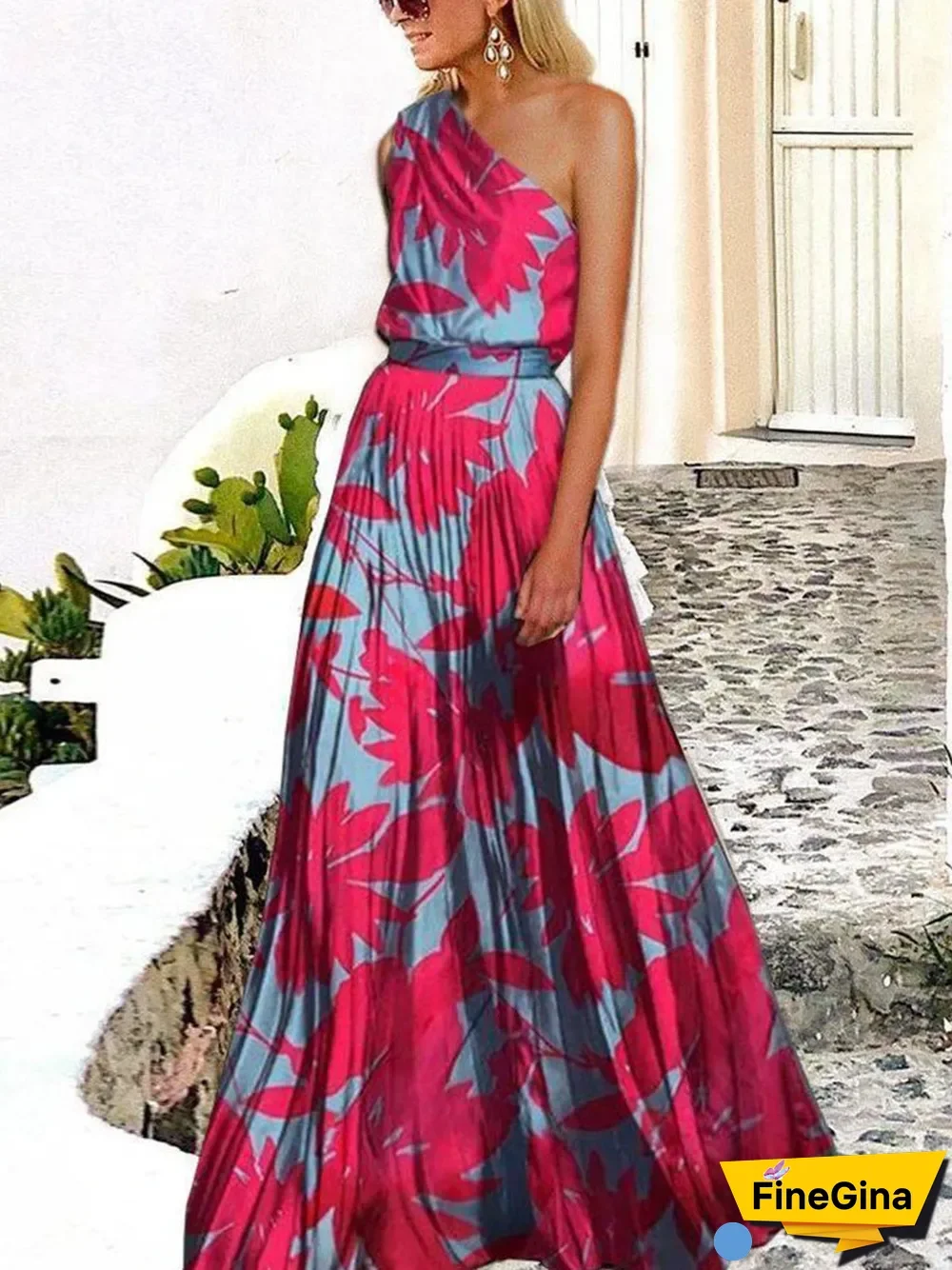 One-shoulder Leaf Print Maxi Dress P13790