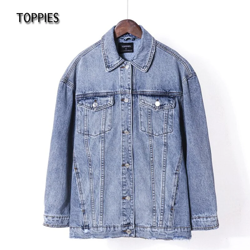 Toppies 2021 Women Denim Jacket Loose Casual Blue Coats Female Outwear Vintage Jacket Long Sleeve Turn-down Collar Top