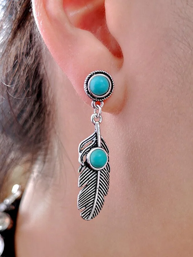 Women's Vintage Feather Turquoise Sterling Silver Earrings