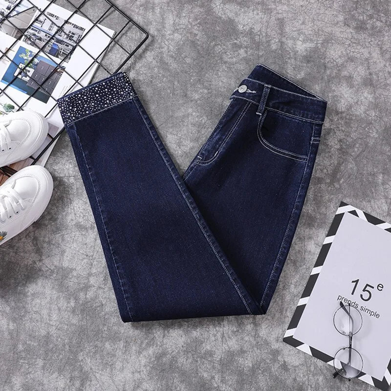 Rhinestone Double Button Jeans Woman High Waist Stretch Harem Denim Pants Ladies Boyfriend Loose Casual Jeans Pantalones Mujer.