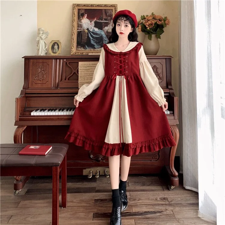 M-4XL Plus Size Lolita Red Long Sleeve Sweet Puffy Dress SP17056
