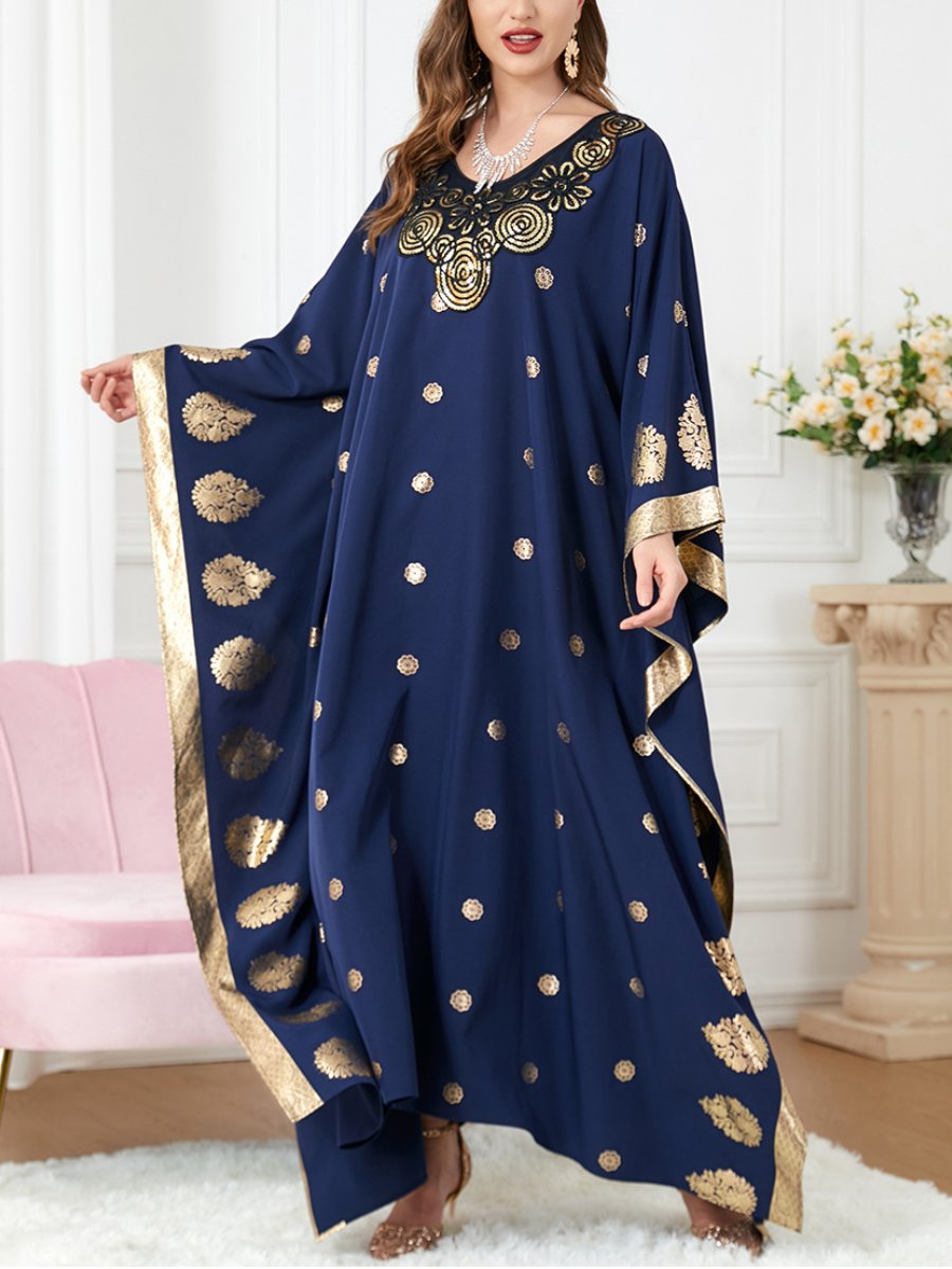 Embroidery Pattern Bat Sleeve Golden Print V Neck Blue Dress | Oxredo Shop Ramadan Sale