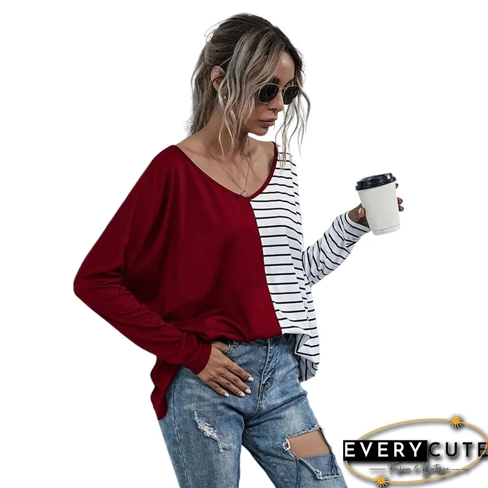 Red Stripe Contrast Long Sleeve Tops