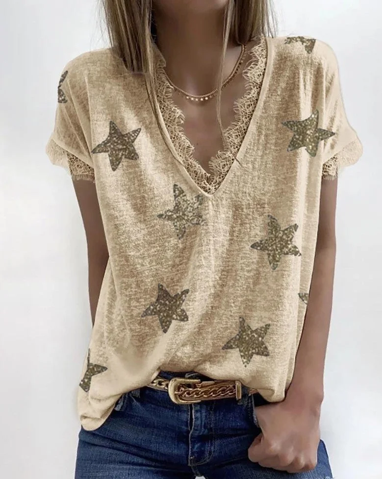 Women's Summer V-neck Lace Loose Print T-shirt