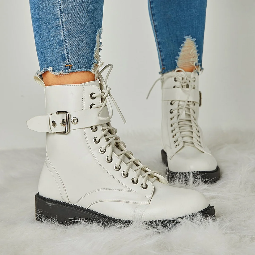 Women's Fashion Buckle Combat Leather Boots