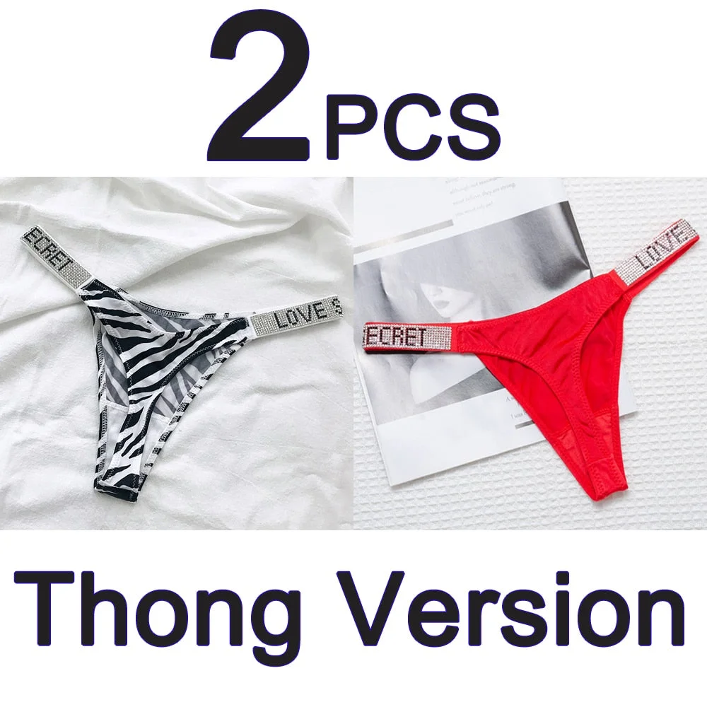 2PCS Sexy Low Waist Panties G String Comfort Satin Underwear Women Rhinestone High Fork Thong Seamless Intimates Lingerie Cotton