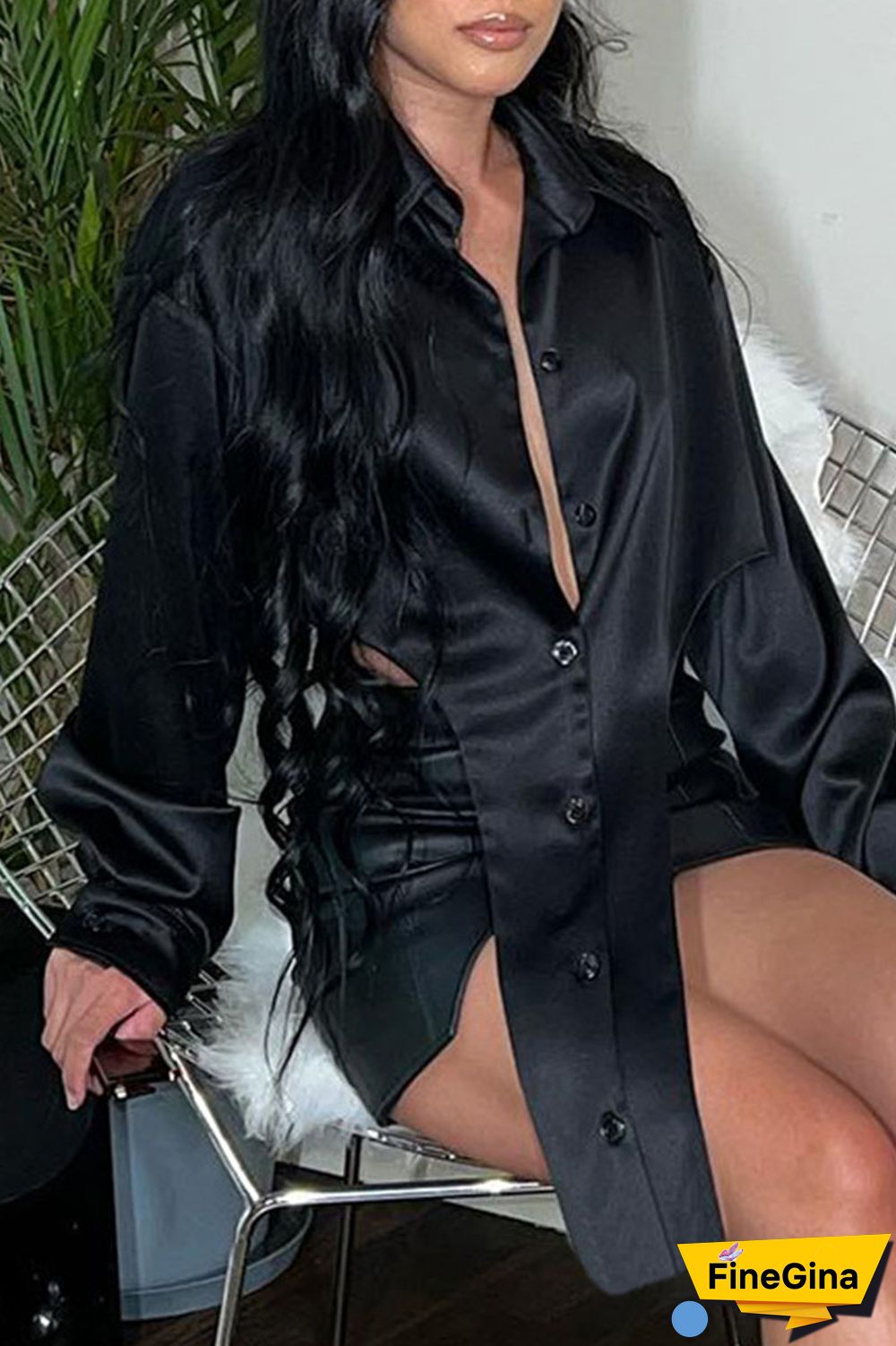 Black Street Solid Patchwork Buckle Asymmetrical Turndown Collar Tops