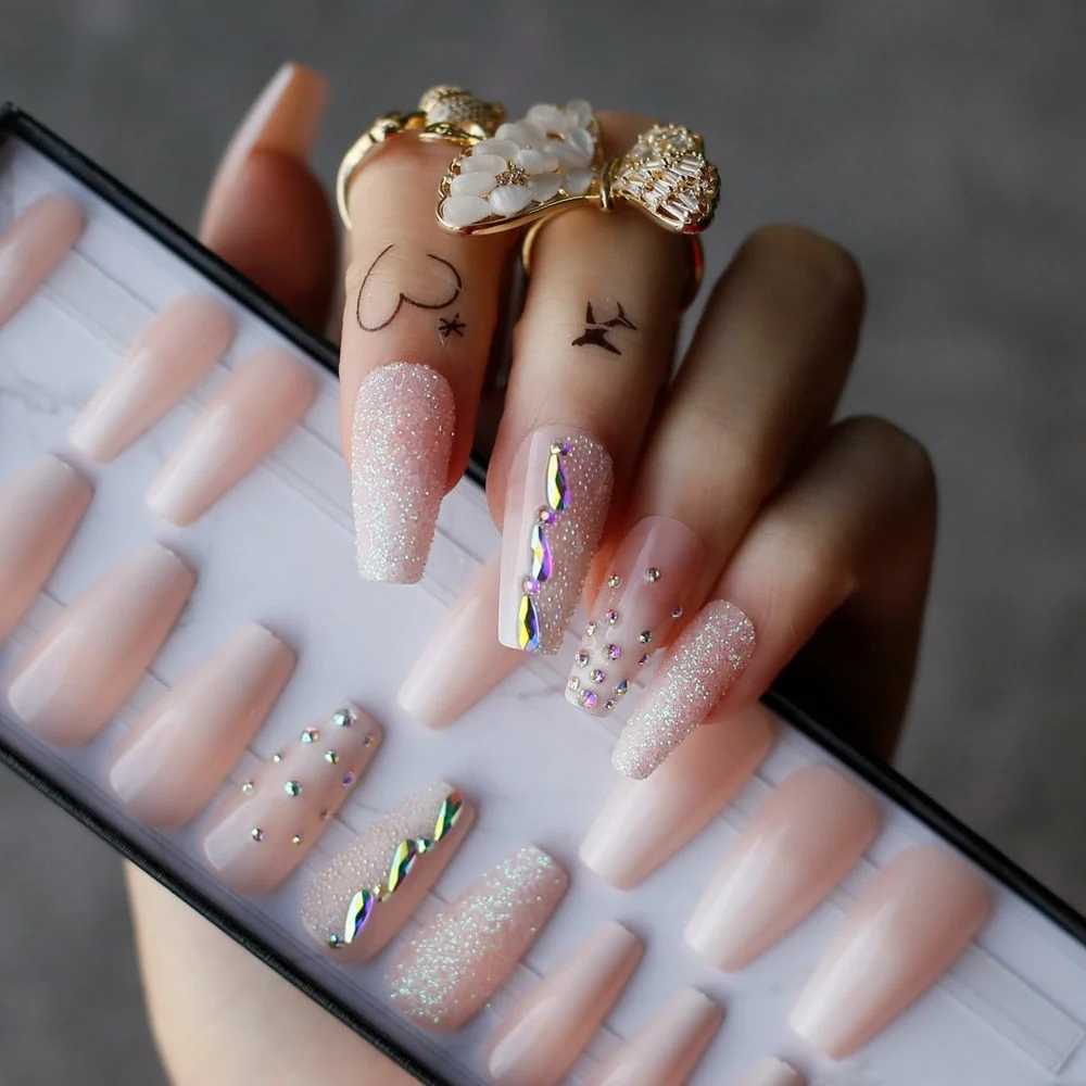 Coffin Acrylic Ombre False nails baby boom cute French glitter Ballet rhinestones Press on nails with Black box Glossy caviar-Nail Inspo
