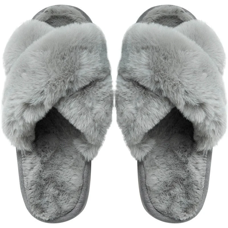 2021 Winter New Women Soft Plush Furry Cross Band 3cm Heel Fur Women Shoes Indoor Ladies Platform Open Toe Fluffy House Slippers