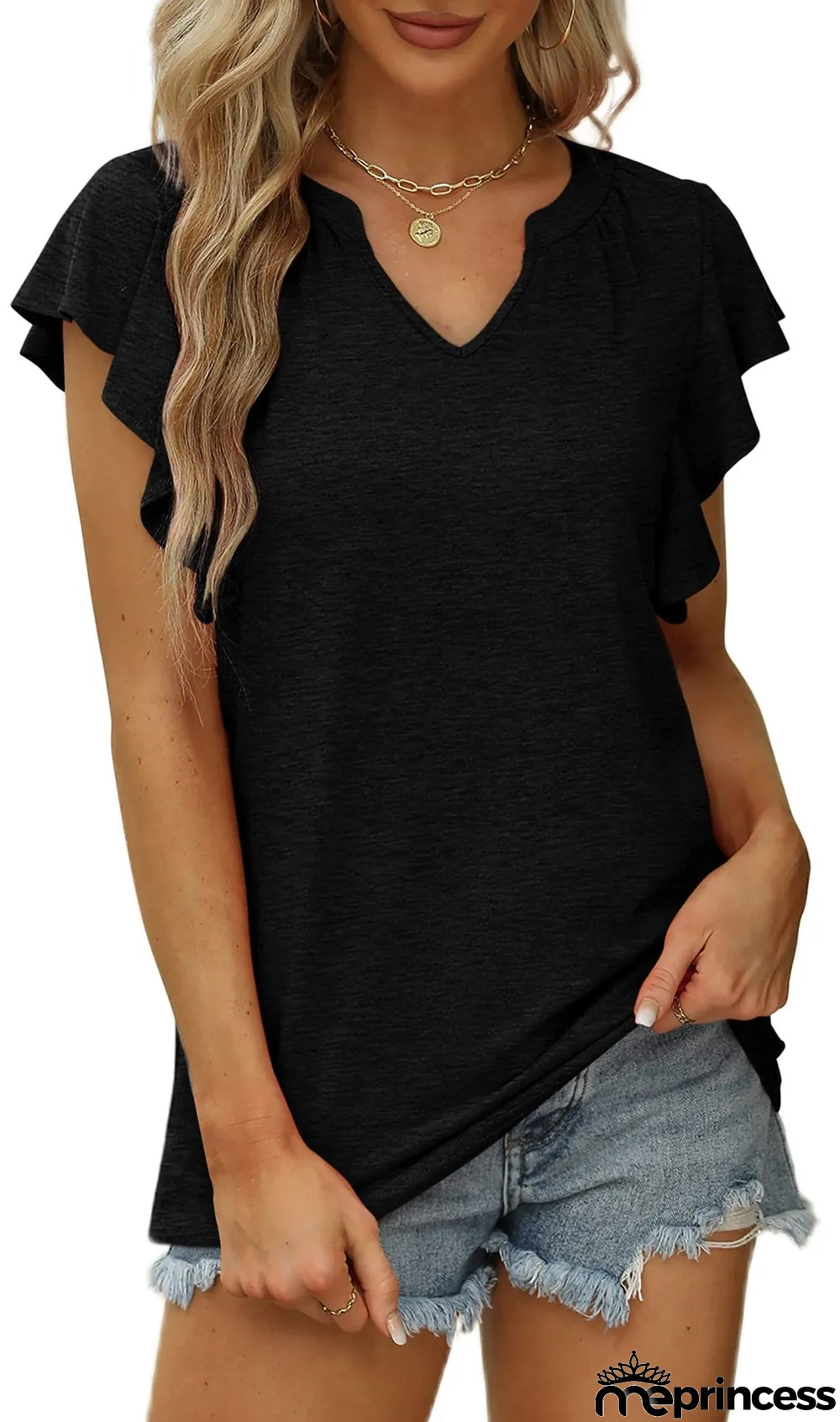 Summer Sexy V-Neck Ruffled Solid Color Short-Sleeved T-Shirt
