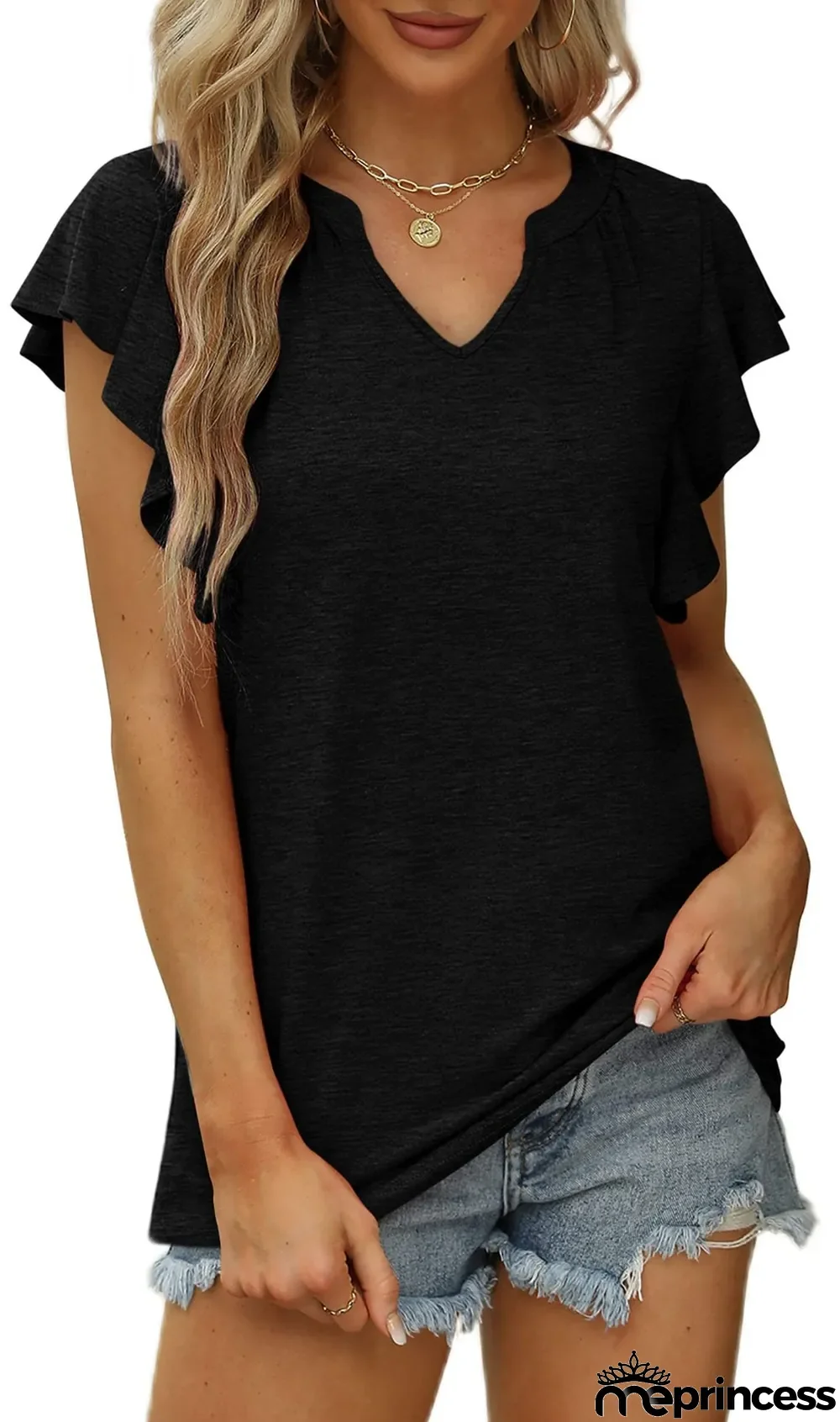 Summer Sexy V-Neck Ruffled Solid Color Short-Sleeved T-Shirt