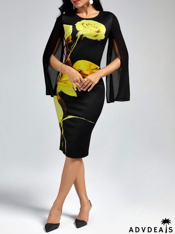 Floral Print Split Sleeve Bodycon Dress