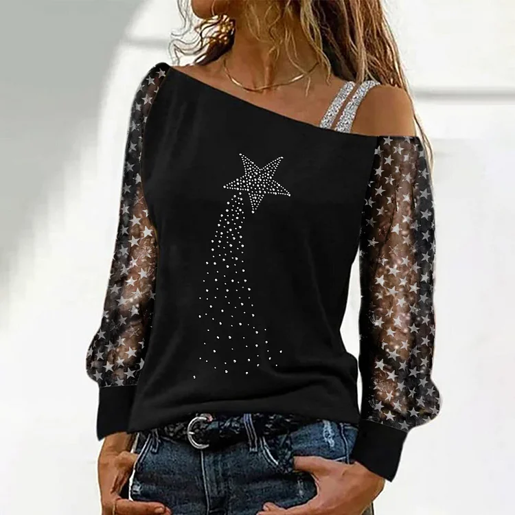 Wearshes Off Shoulder See-through Look Long Sleeve T-Shirt