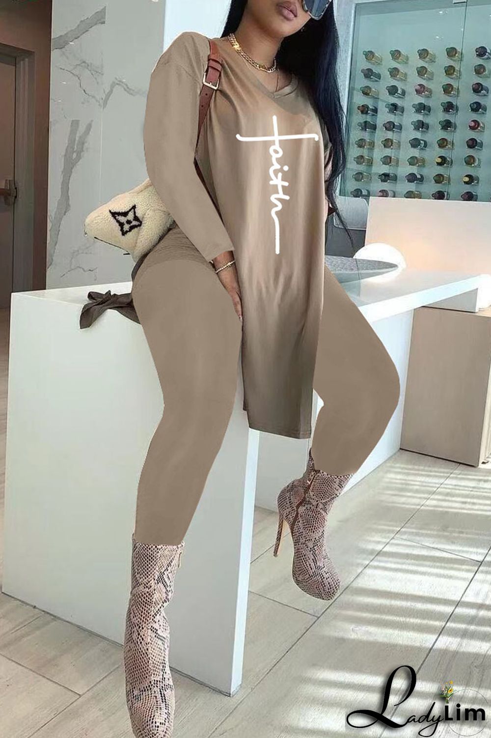 Coffee Casual Print Patchwork Slit V Neck Long Sleeve Two Pieces