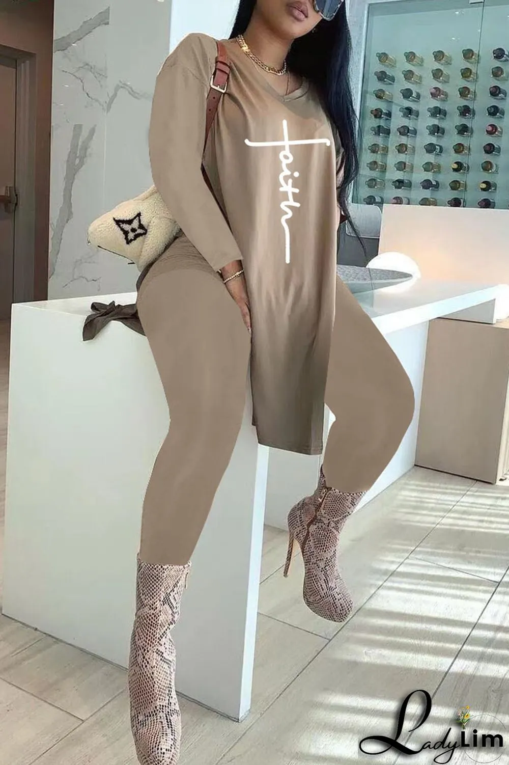 Coffee Casual Print Patchwork Slit V Neck Long Sleeve Two Pieces