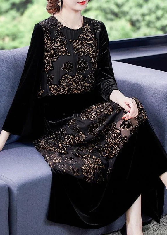 New Black O Neck Print Patchwork Silk Velour Long Dress Fall