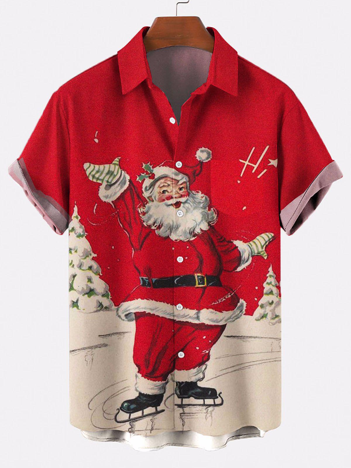 Men Christmas Santa Claus Skiing Print Pocket Front Short Sleeves Shirt PLUSCLOTHESMAN