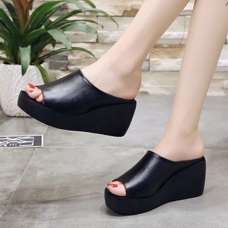 Women Sandals 7.5cm Platform Wedges Women's Shoes Thick Heel Open Peep Toe Sandals Leather Summer Style Slide Black Shoes