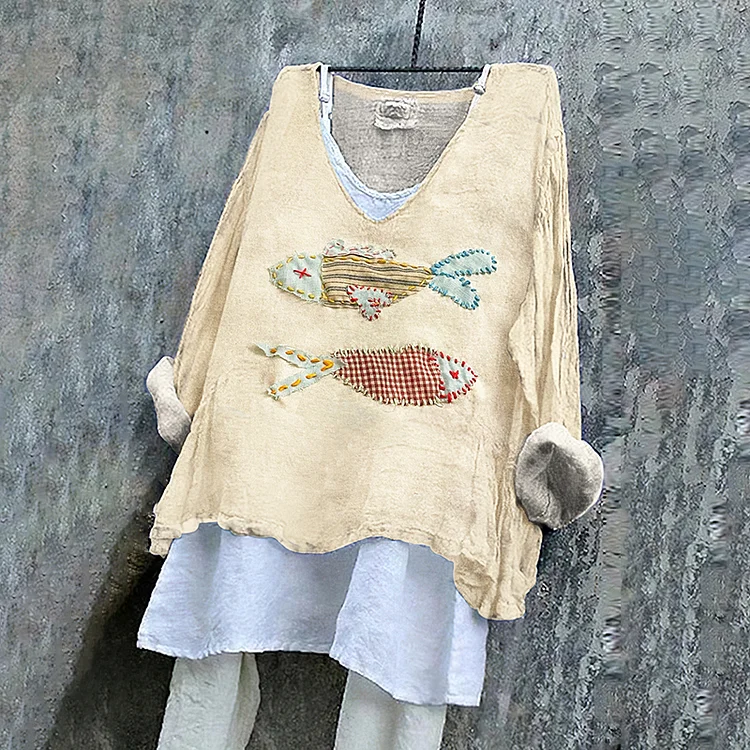 Women's Japanese Style Stitched Fish Art Pattern Vintage Linen Shirt