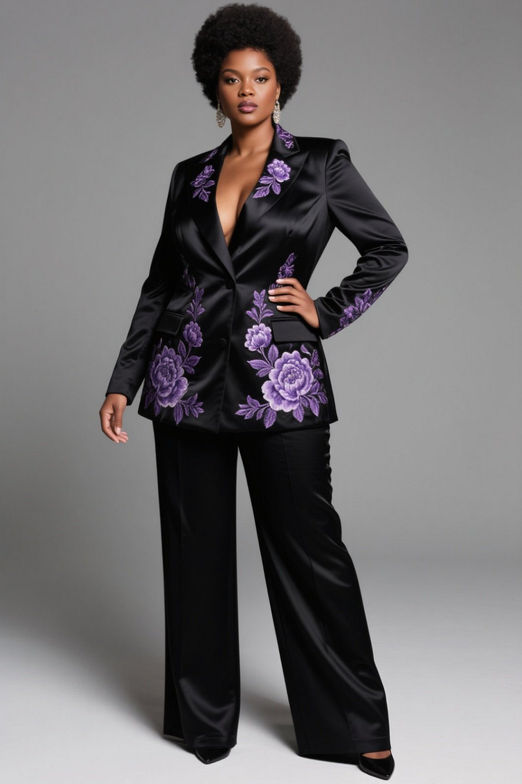 Xpluswear Design Plus Size Formal Purple Floral Turndown Collar Long Sleeve Pocket Elegant Satin Two Piece Pant Suits [Pre-Order] 2024 - Xpluswear