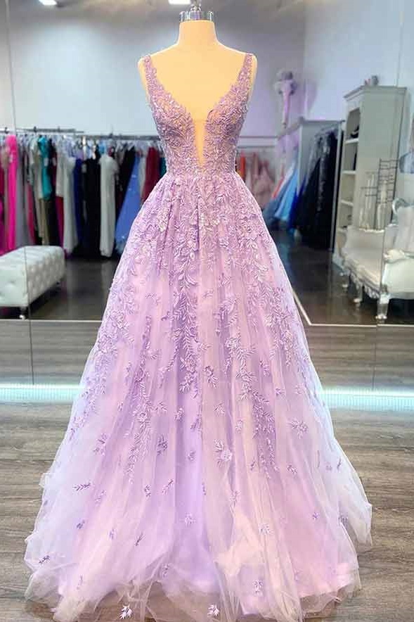Ovlias Fabulous Purple Spaghetti Strap Applique Tulle Layered Prom Dress LY0465
