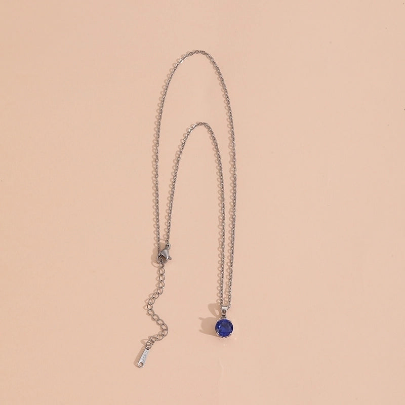 304 Stainless Steel Copper Inlay Round Artificial Crystal Zircon Pendant Necklace