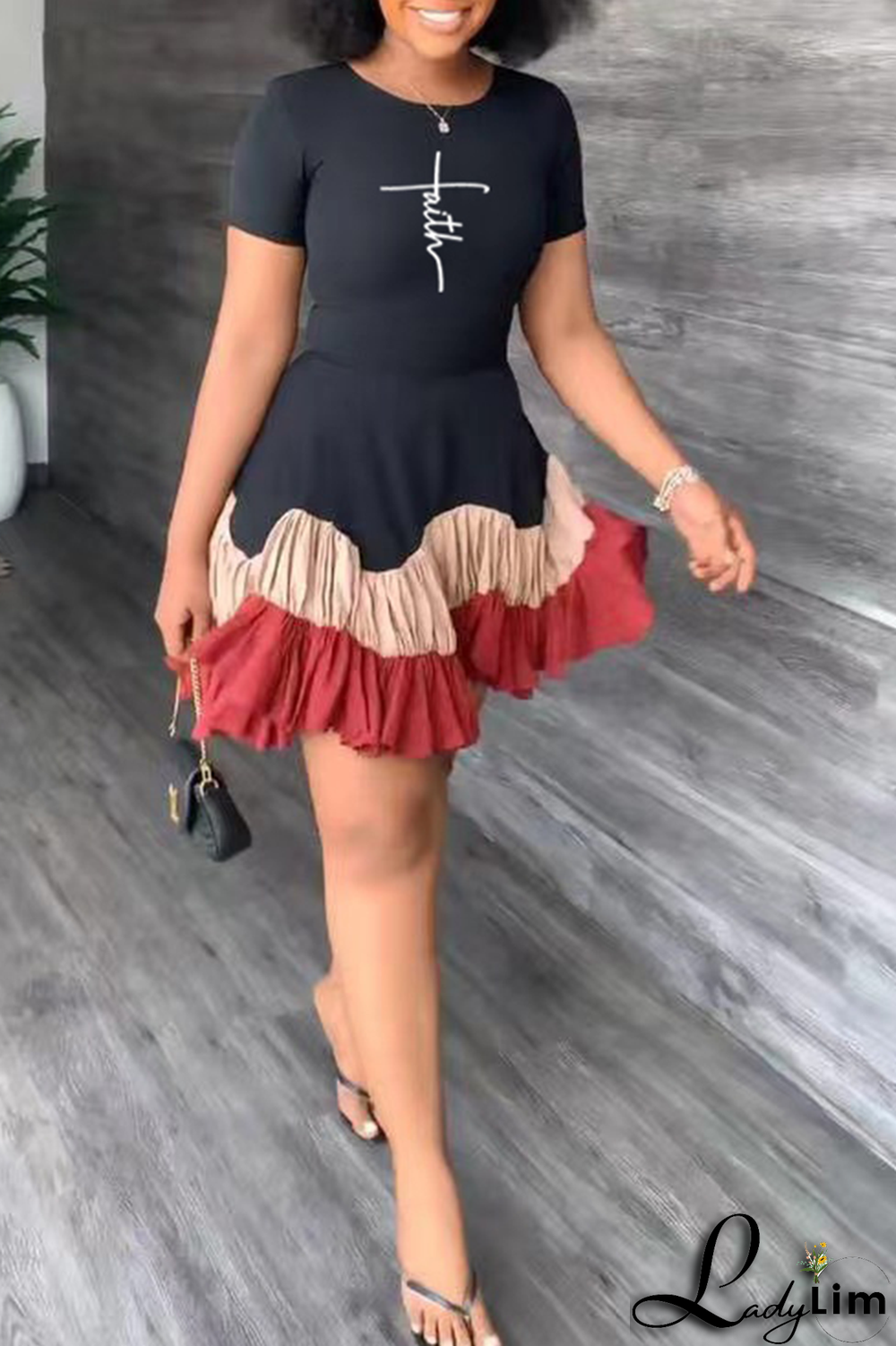 Black Fashion Print Flounce O Neck Cake Skirt Dresses