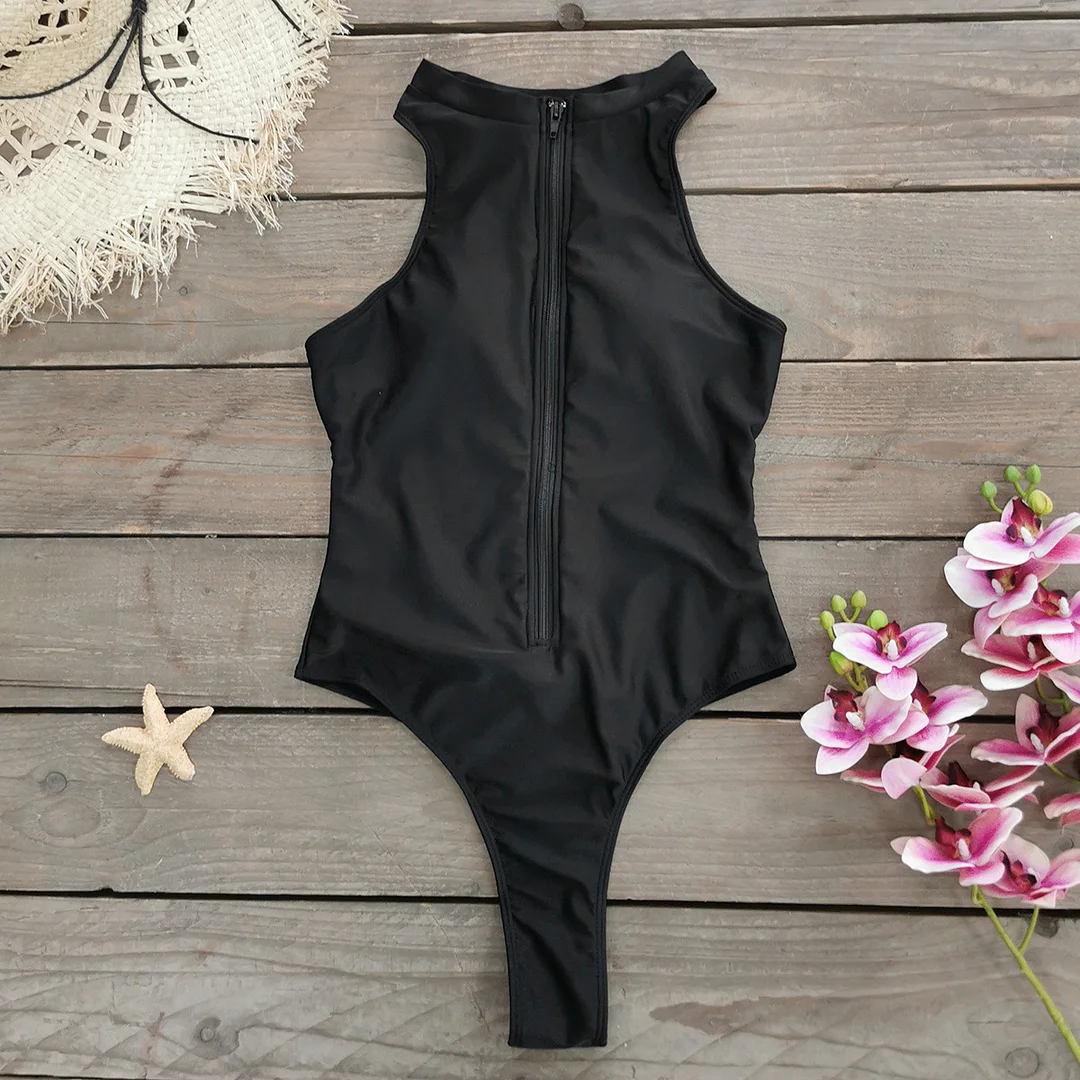 Uveng Solid Color Zipper Sleeveless Surfsuit Integrated Swimsuit Women 2025 New