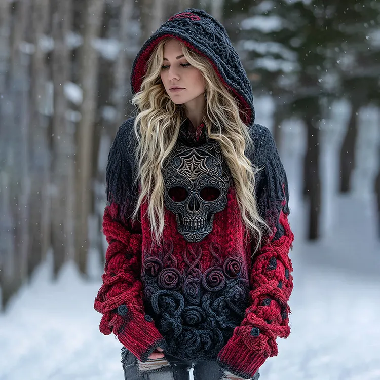 Women's Rose And Skull Inspired Chunky Knit Hooded Sweater