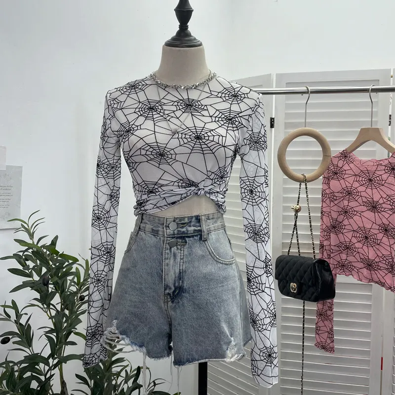 Uveng Spider-Web Yarn Velvet Perspective Bottom Shirt Dark T-Shirt T-Shirt Short Long-Sleeved T-Shirt Top 9908