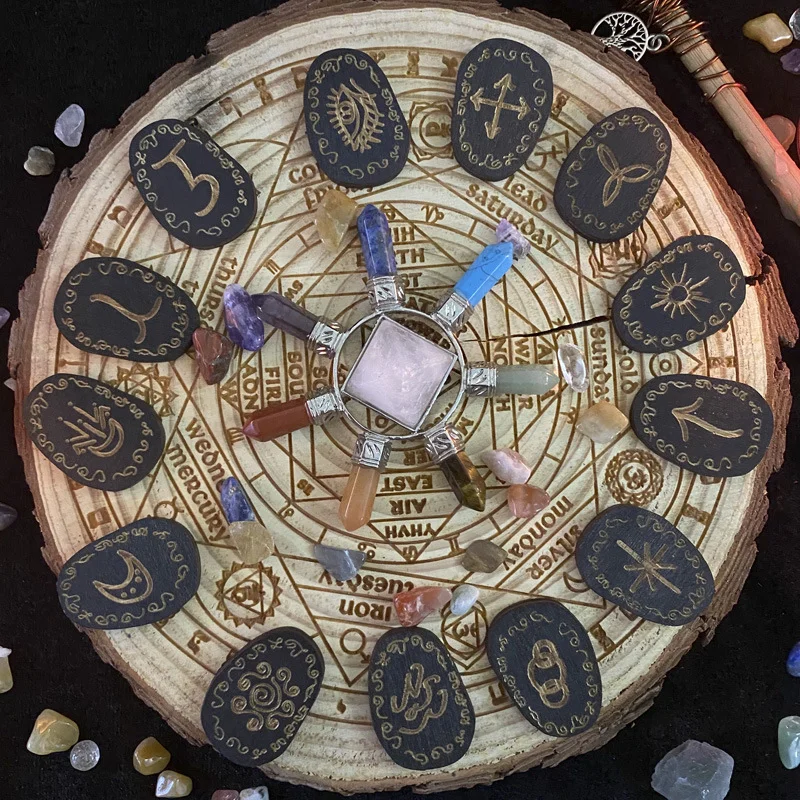 14pcs/set Witch Runes Set With Instructions And Special Rune Storage Bag, Divination Healing Alchemy Woodcut Meditation Altar Game Cards, Home Decoration, Gaming Gift