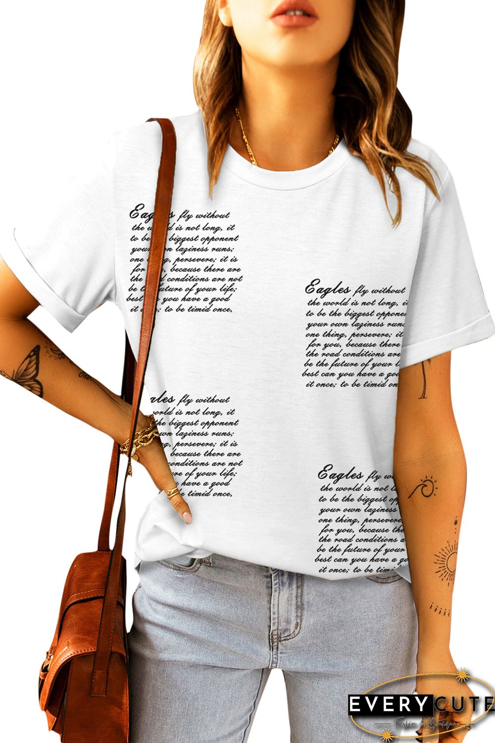 White Letters Printed Short Sleeve Graphic T Shirt