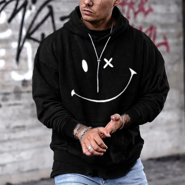 New men's smiley print casual hoodie-barclient