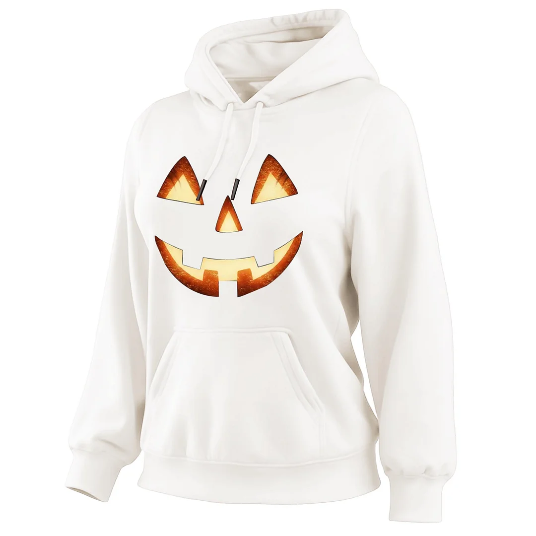 Women's Vintage Halloween Pumpkin Jack-O-Lantern Print Pocket Long-Sleeve Hoodie