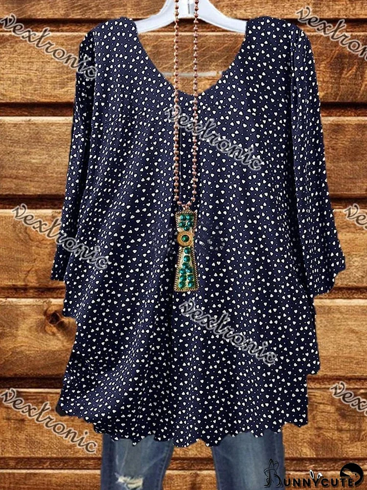 Women V-neck 3/4 Sleeve Polka Dot and Heart Printed Tops