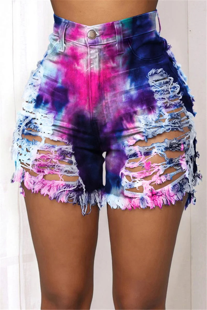 Sexy Holes Tie Dye Print Shorts