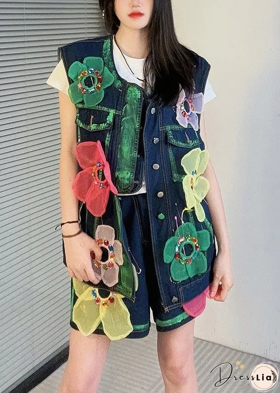 Unique Blue O Neck Zircon Floral Denim Women Sets 2 Pieces Summer
