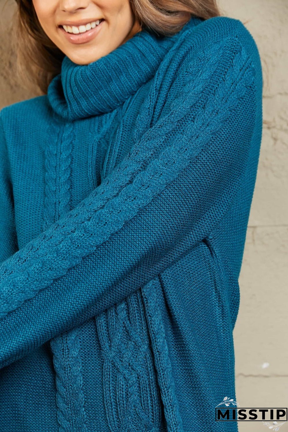 Woven Right Mixed Knit Turtleneck Lantern Sleeve Sweater Dress