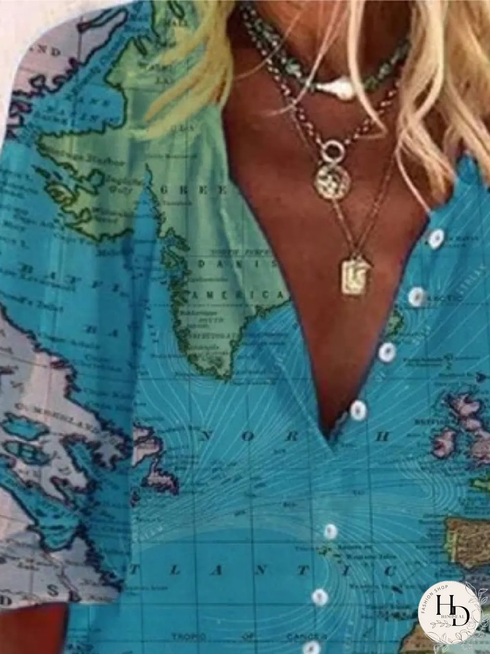 Women Casual Map Print Half Sleeve V Neck Blouses