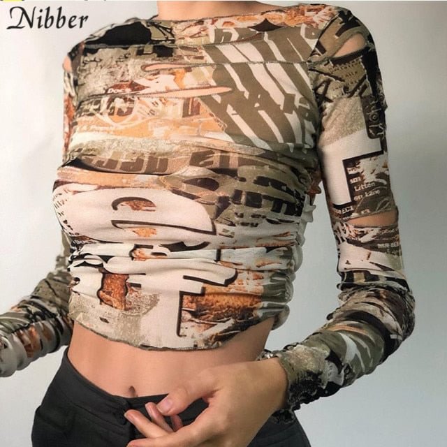 Nibber Punk Y2K Hollow Out Crop Tops Gothic Street Tee shirt For Women's Casual Basic Tees Female Summer Long Sleeve Top - BlackFridayBuys