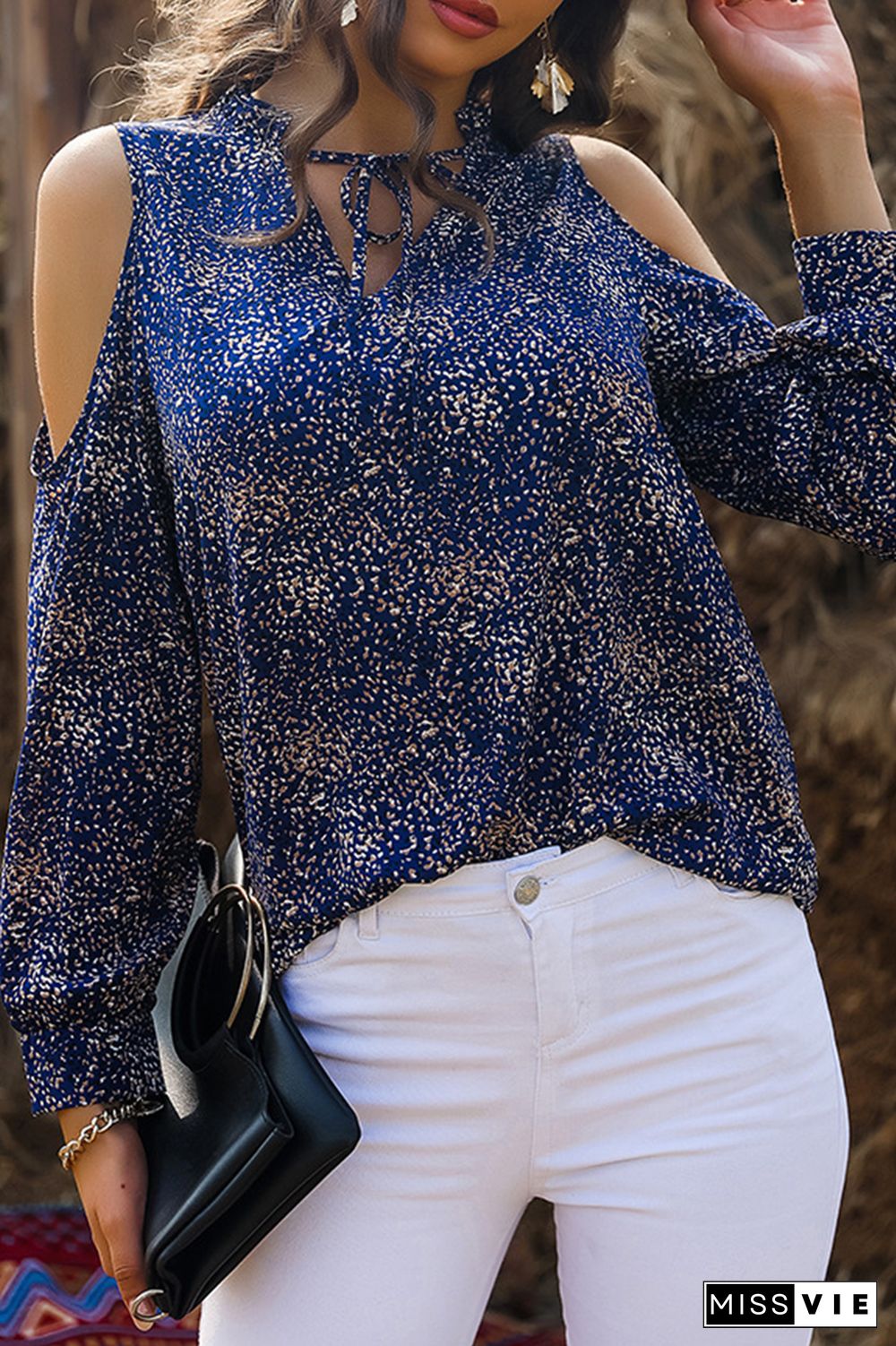 Fashion Elegant Print Hollowed Out Frenulum V Neck Tops