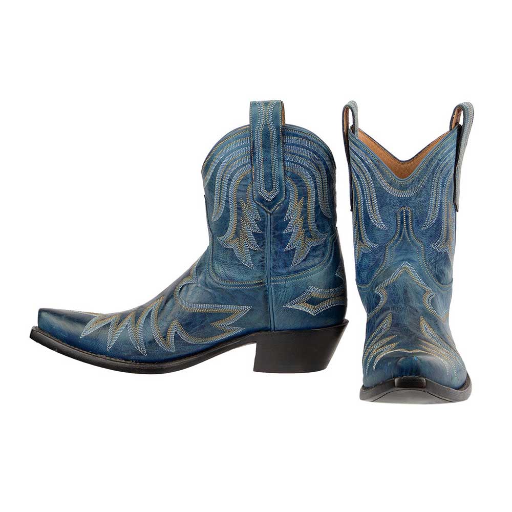 Vintage Blue Snip Toe Chunky Heel Embroidered Western Boots for Women Nicepairs