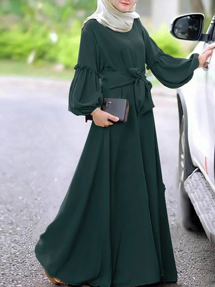 Solid Color Pleated Waistband Long Sleeve Casual Muslim Dress for Women