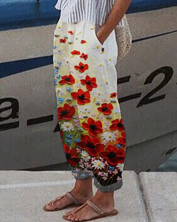 Casual Loosen Linen & cotton Pockets Floral Pants