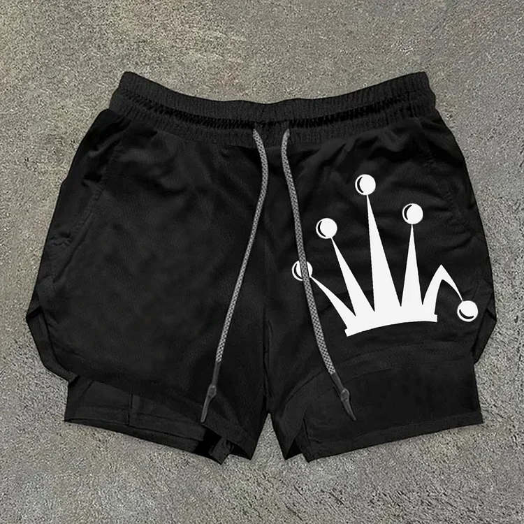 Casual Regal Crown Print Double Layer Gym Shorts SOPULA