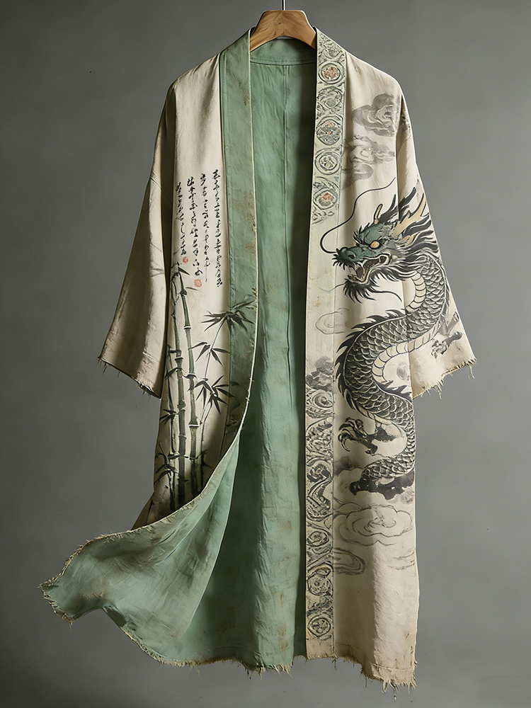 Japanese Style Dragon Totem And Bamboo Forest Artistic Cotton-linen Flowing Kimono elevenforest